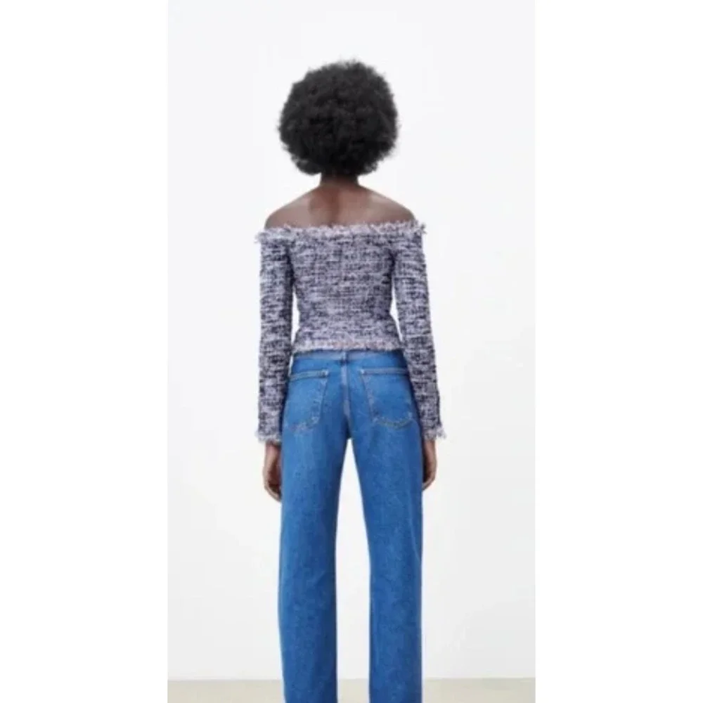 NWT ZARA Tweed Frayed Off-Shoulder Blue Pink Sweater Top Small - Picture 3 of 8